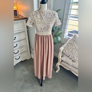 Roolee Lace Bodice Midi Dress XS Modest Neutral Bridal Shower Cottagecore